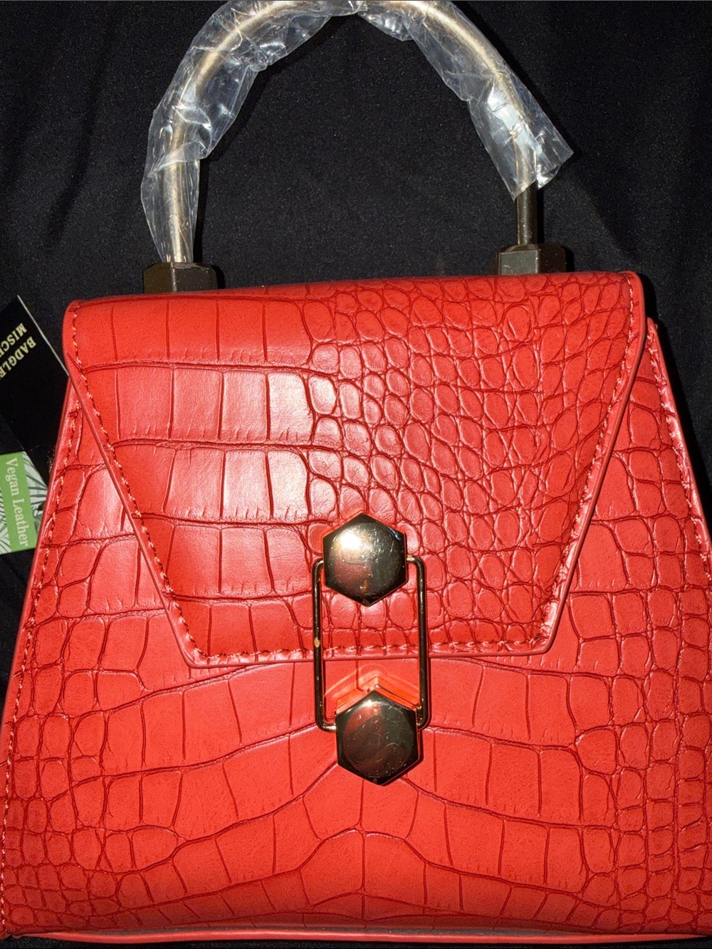 Badgley Mischka Red Croc-Embossed Top-Handle Satchel with Gold Logo
